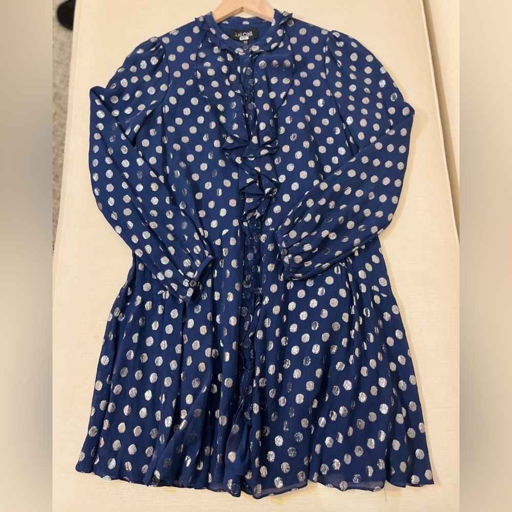 SALONI Dress - Women’s 6 Navy Blue Silver - Ruffle Drop Waist Mini Long Sleeve